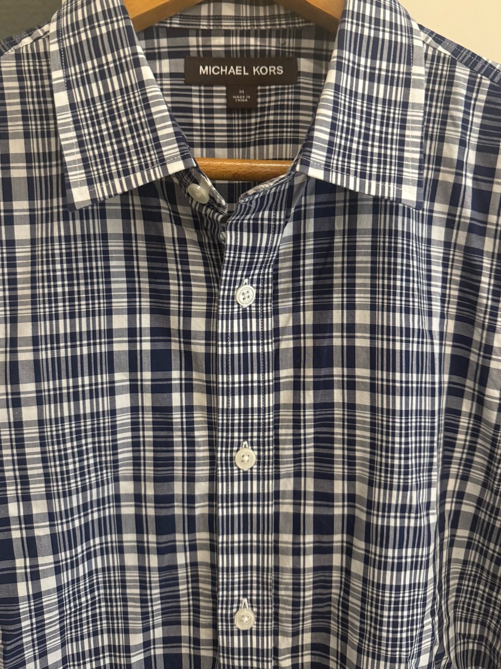 Michael Kors Men's Navy & White Plaid long sleeve shirt w epaulets